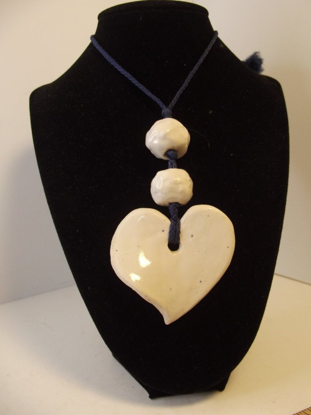 Necklace - Artisan Ceramic Heart Pendant White & Blue on Cord